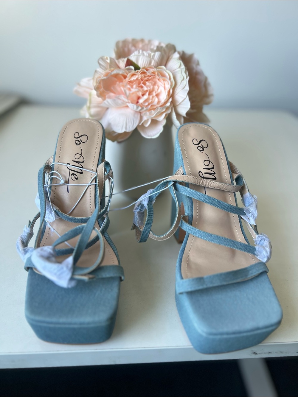 So Me Powder Blue Strappy Square-Toe Block Heels